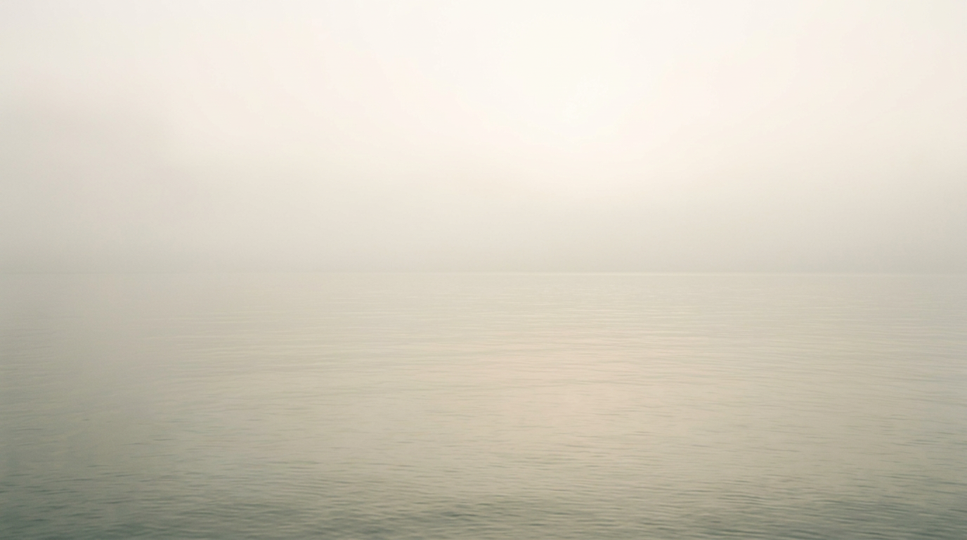 A still ocean horizon meeting a soft, hazy dawn sky