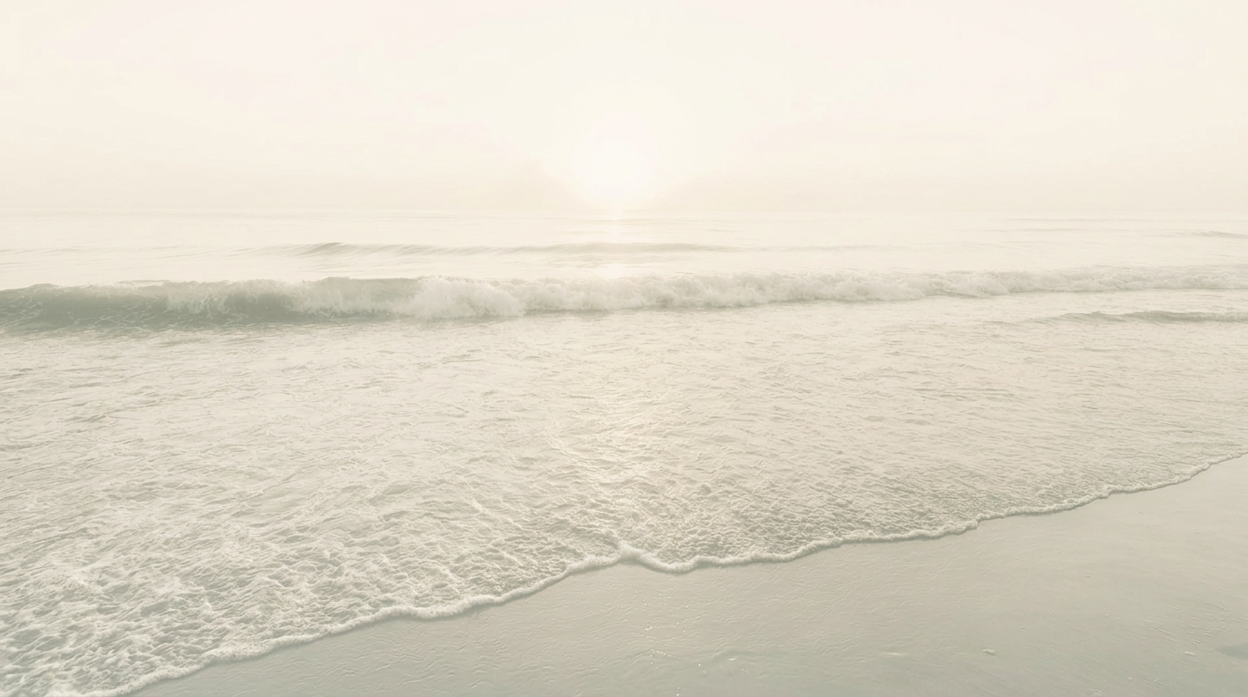 A gentle wave rolling onto wet sand beneath a soft, misty sunrise